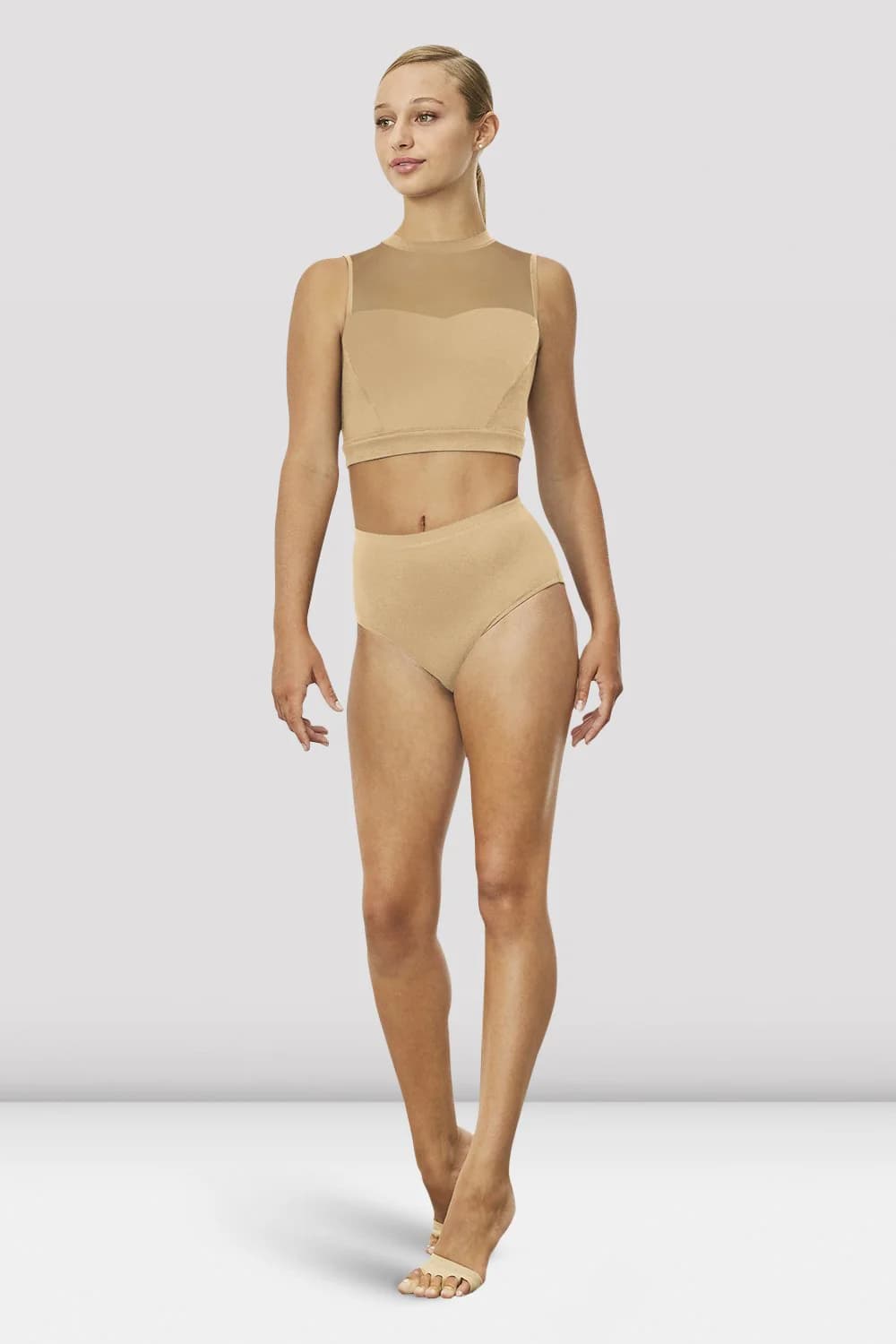 Top da danza Bloch Emiko Z7810 sabbia corto con apertura sulla schiena da donna