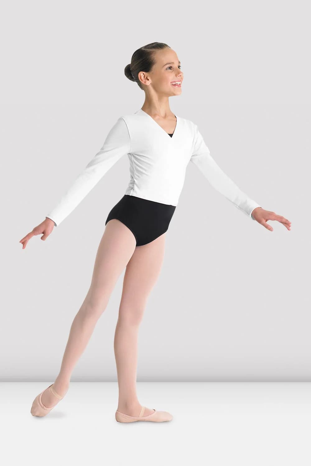 Top da danza Bloch Cambre CZ5407-B bianco incrociato sul davanti a maniche lunghe per bambine