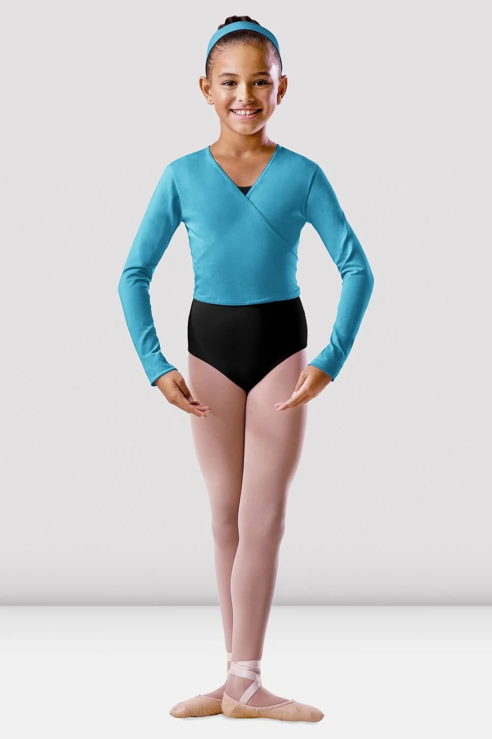 Top da danza Bloch BU501C-BLM blu mare incrociato sul davanti a maniche lunghe per bambine