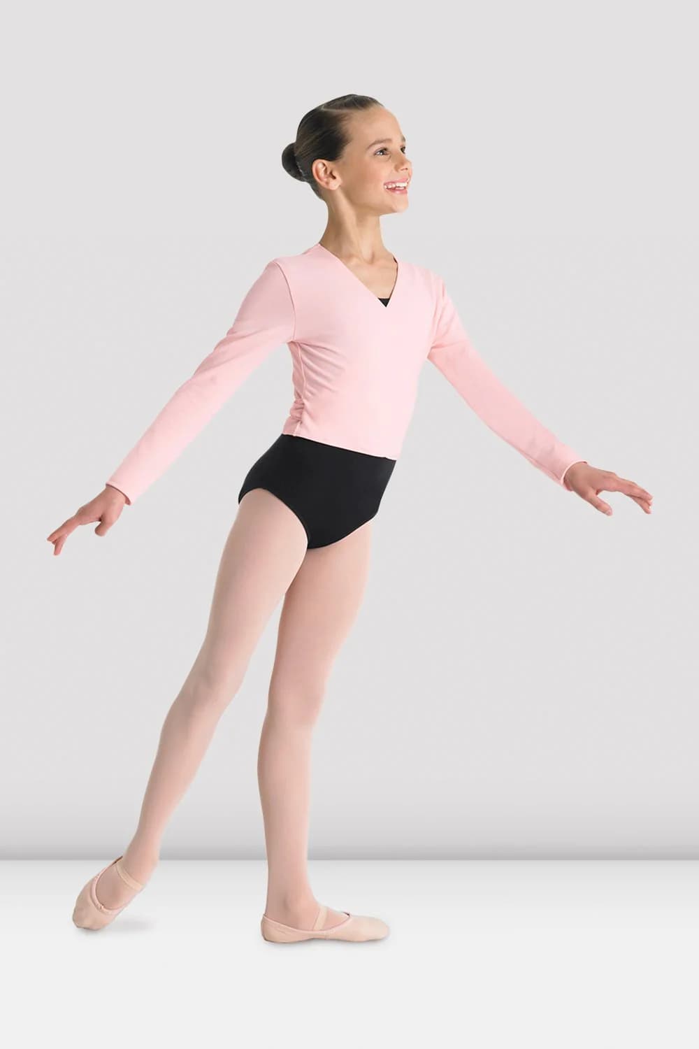 Top da danza Bloch Cambre CZ5407-RS rosa incrociato sul davanti a maniche lunghe per bambine