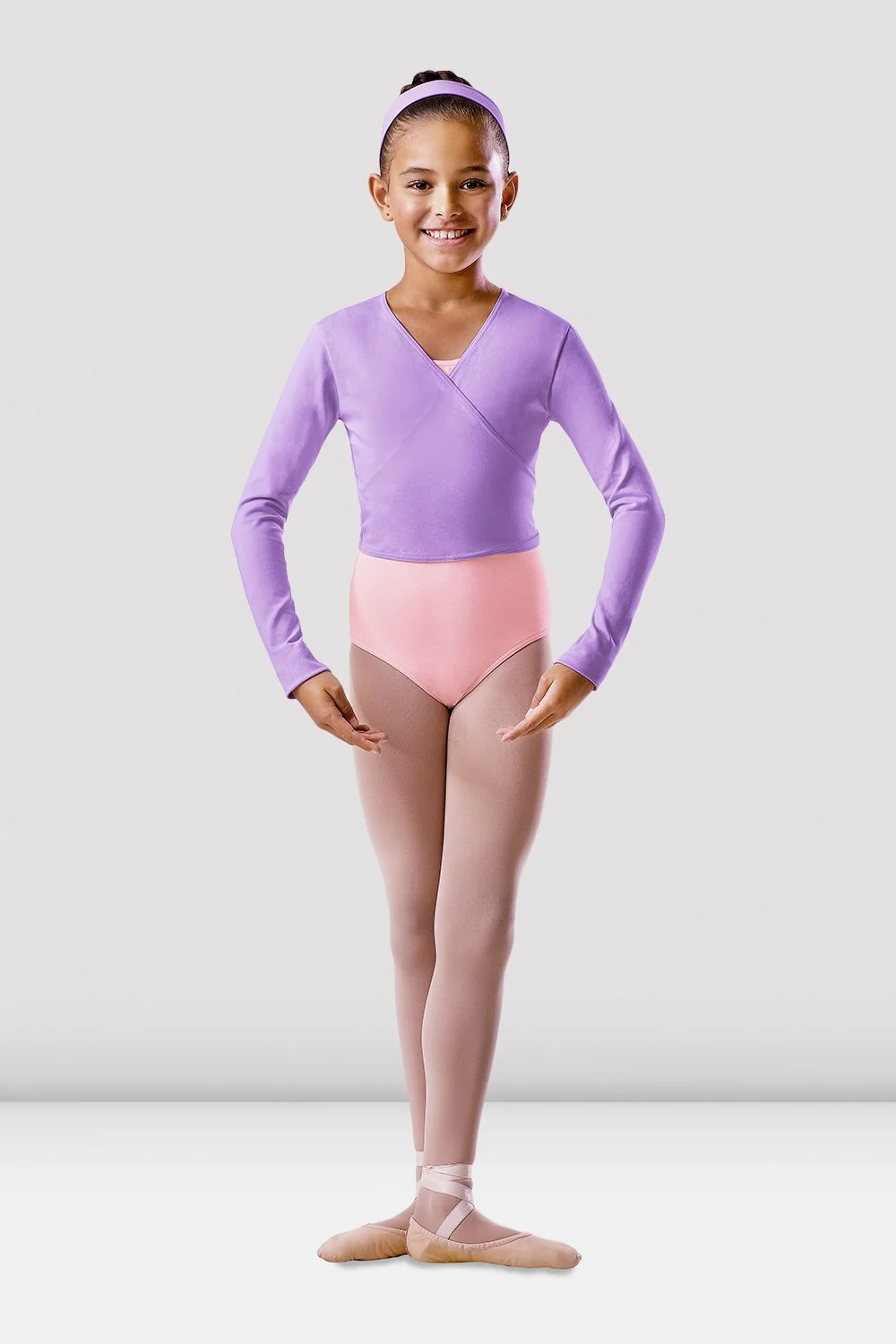 Top da danza Bloch BU501C-LAV lavanda incrociato sul davanti a maniche lunghe per bambine