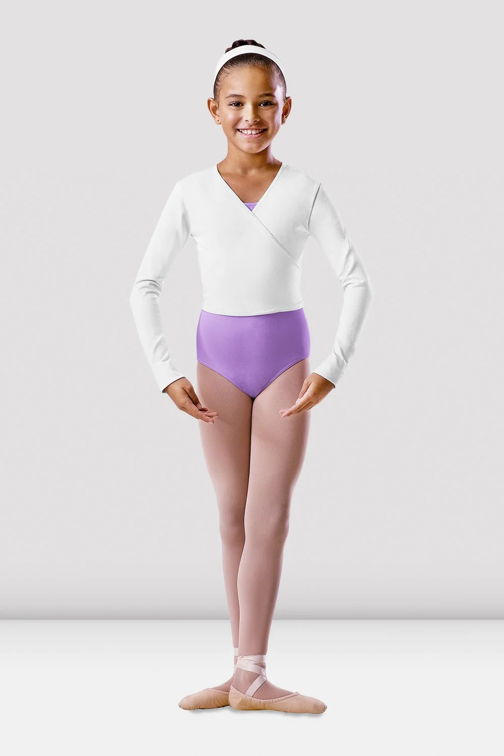 Top da danza Bloch BU501C-B bianco incrociato sul davanti a maniche lunghe per bambine