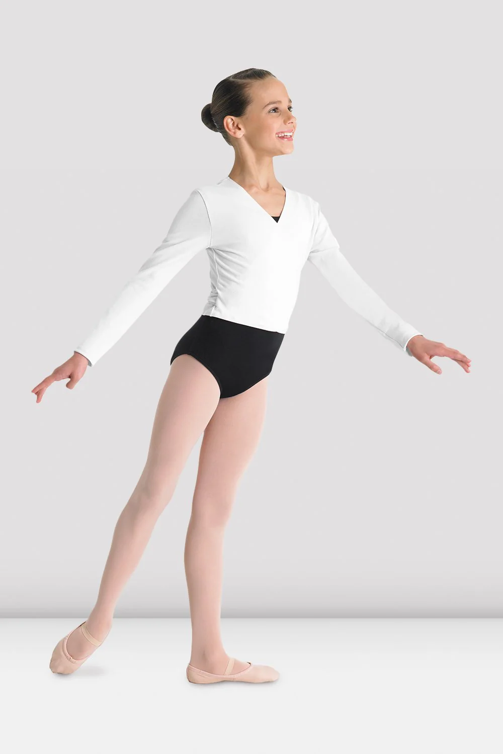 Top da danza Bloch Cambre CZ5407-B bianco incrociato sul davanti a maniche lunghe per bambine