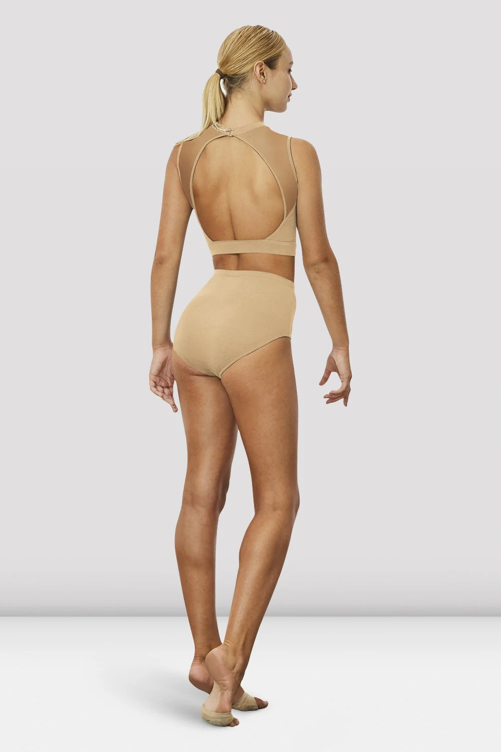 Top da danza Bloch Emiko Z7810 sabbia corto con apertura sulla schiena da donna