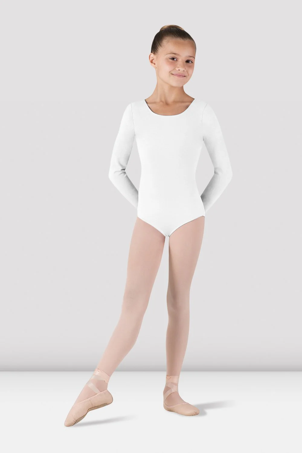 Body da danza Bloch Petit CL5409-B in cotone bianco a maniche lunghe per bambine